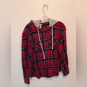 Red, blue, white plaid hoodie with drawstrings. Forever 21. Size medium.